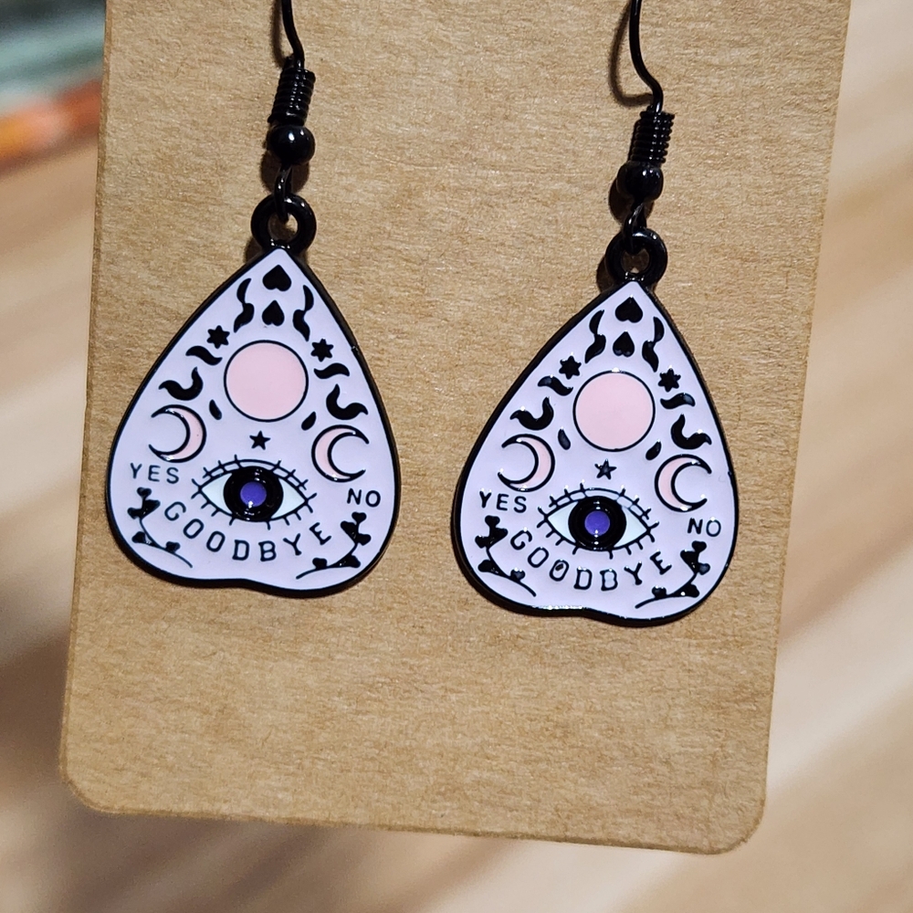 Handmade Purple and Pink Witchy Cat In A Potion & Ouija Board Eye Earrings Set - Picture 4 of 5